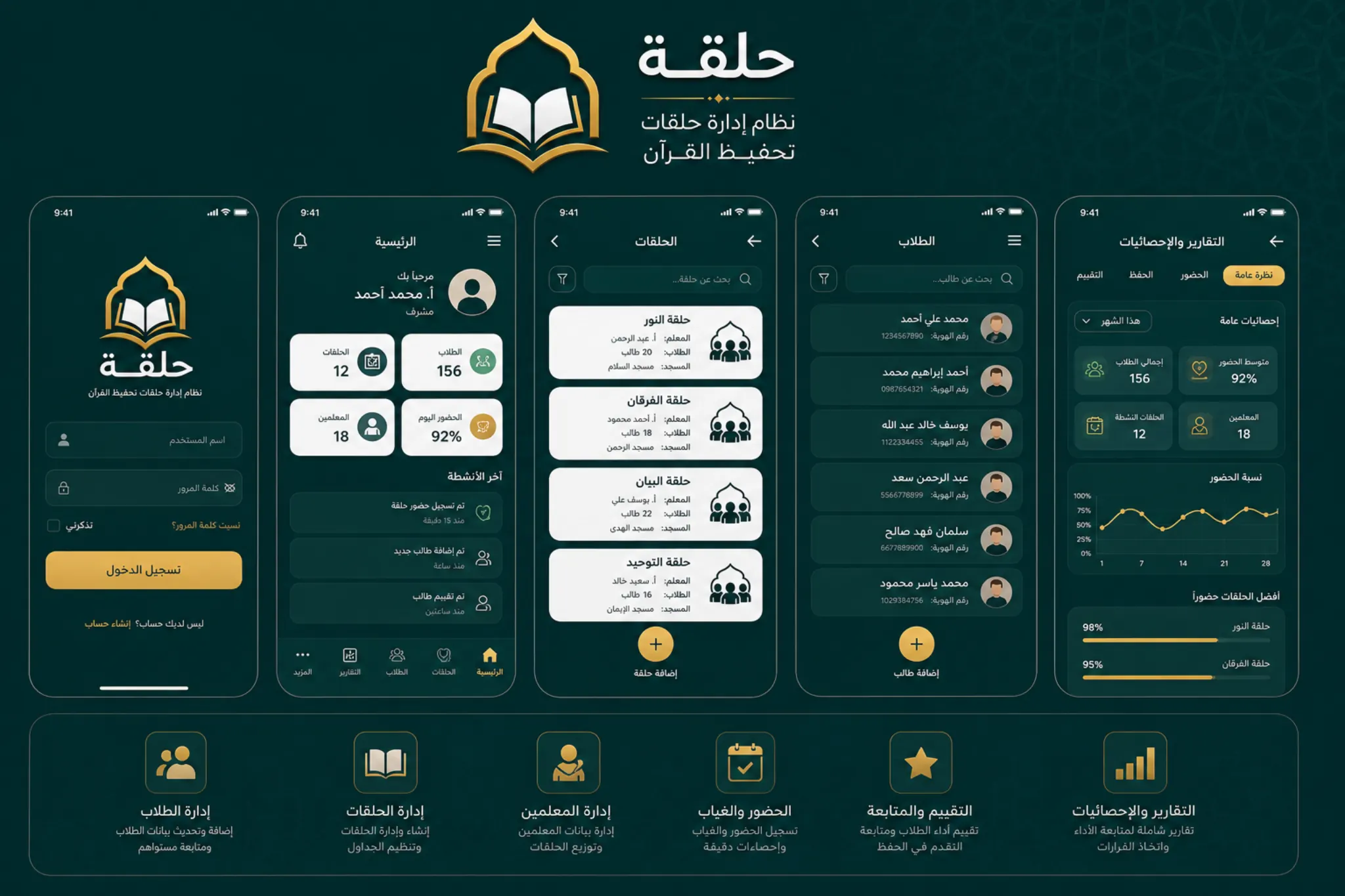 واجهات تطبيق إدارة حلقات تحفيظ القرآن
